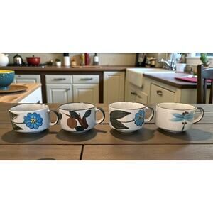 Vintage 1970s Hand-Painted Soup Mugs Set of 4 Blue Floral & Fruit Stoneware Cups
